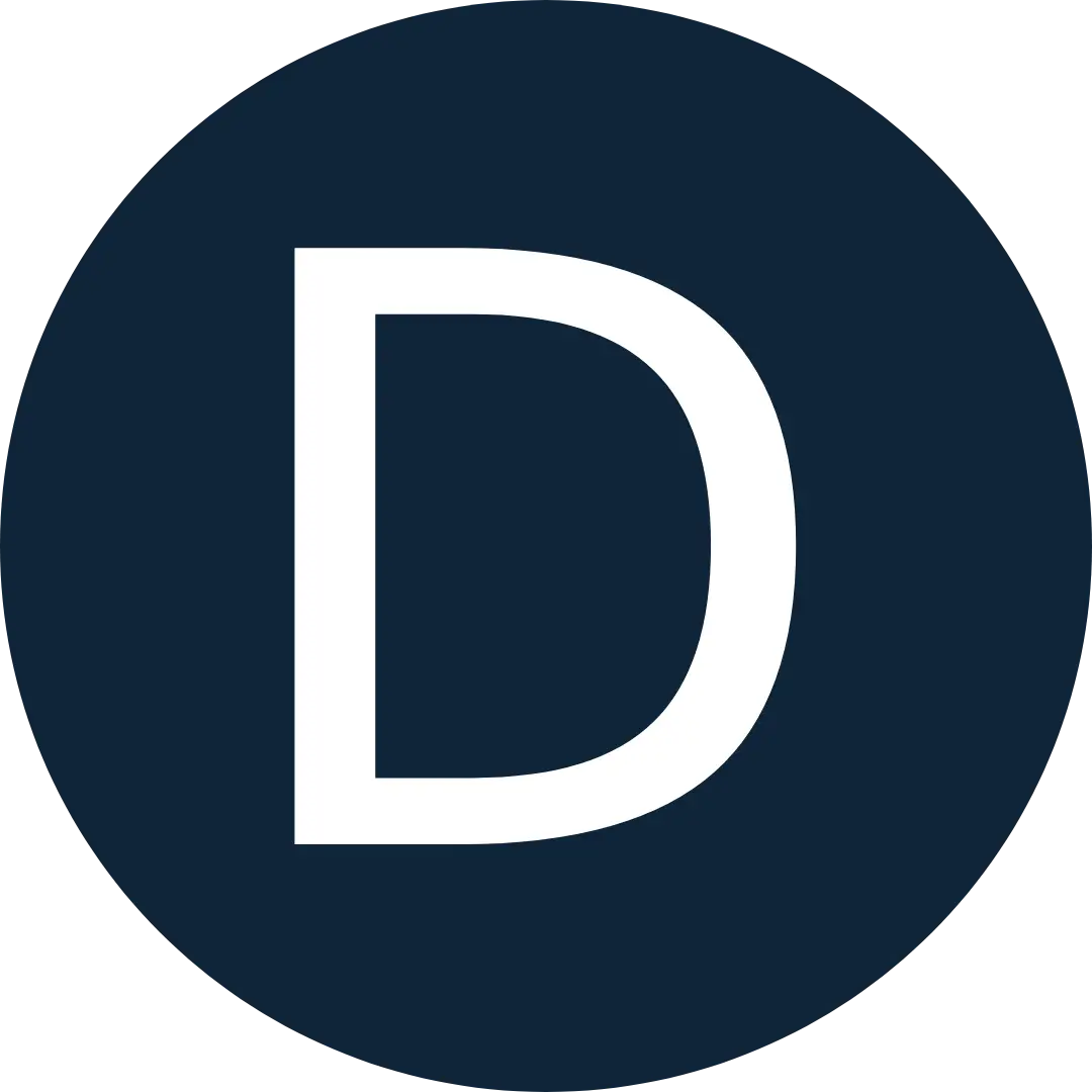 Bold white letter D centered on a solid dark blue square background.