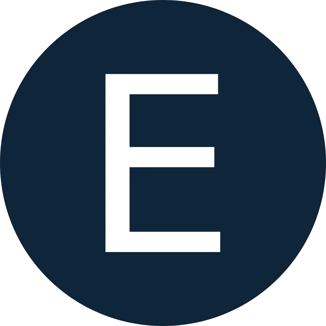 Bold white letter E centered on a solid dark blue square background.